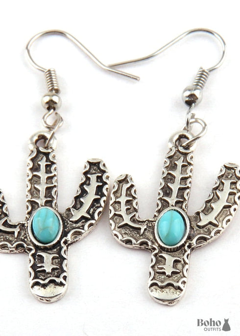 Boho Earrings, RH Dangle Earrings, Blue Cactus